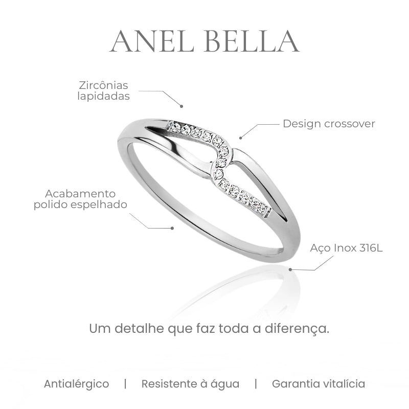 Detalhes do Anel Bella - aço inox 316L design crossover com zircônias