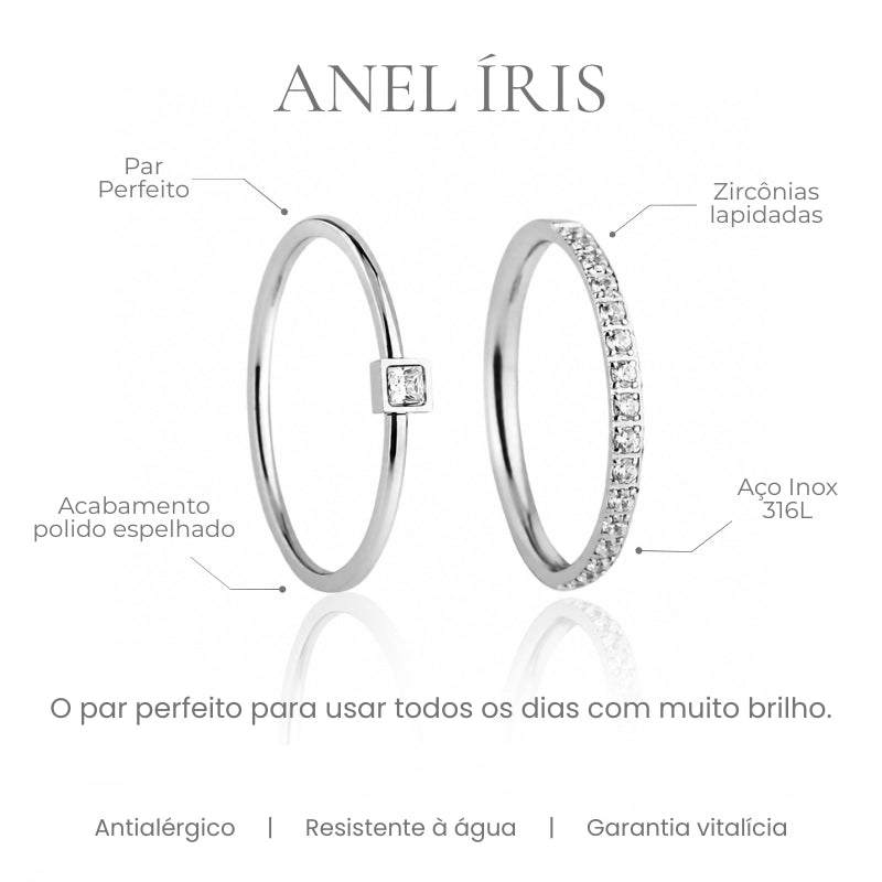 Detalhes do Anel Íris - par de anéis aço inox 316L com zircônias