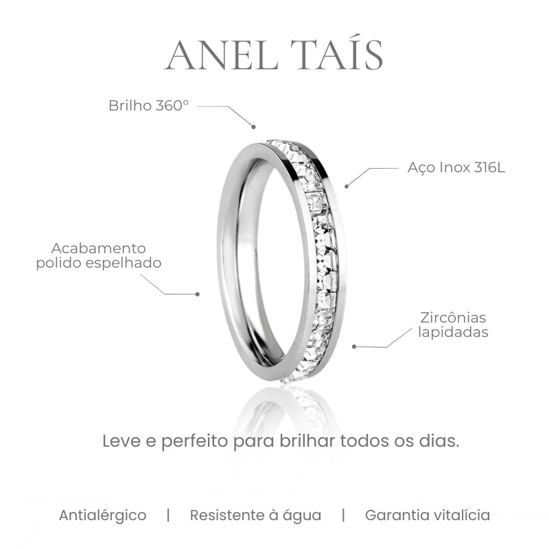 Detalhes do Anel Taís - aço inox 316L cravejado zircônias brilho 360
