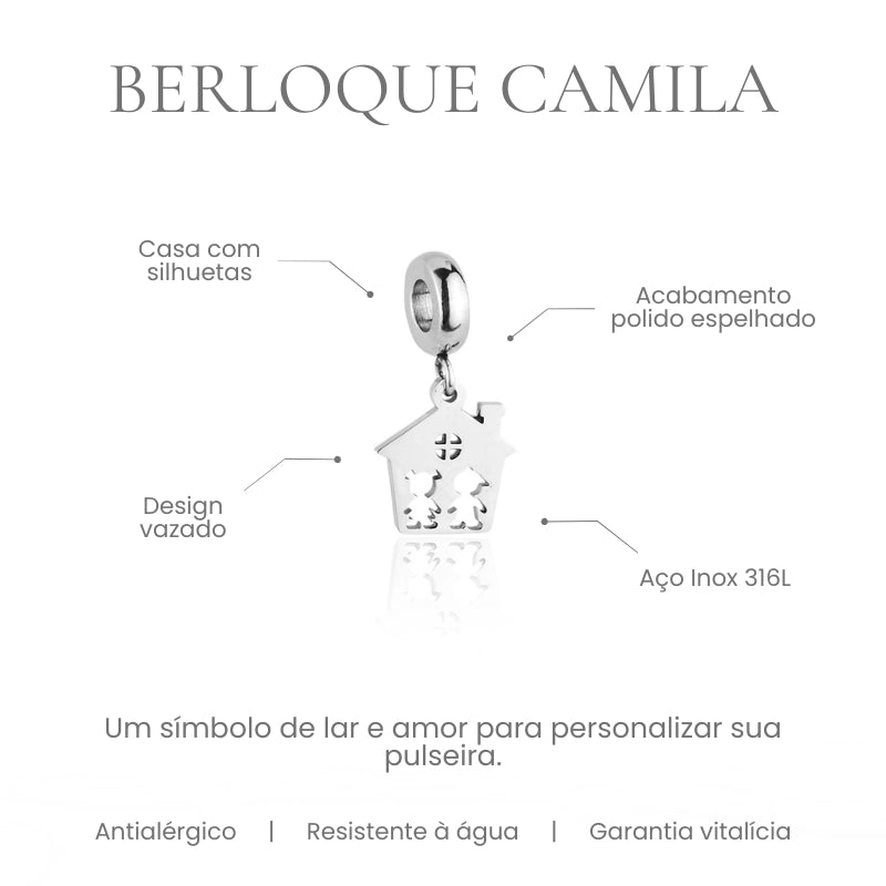 Berloque Camila casinha vazada com silhuetas de família em aço inoxidável 316L - especificações