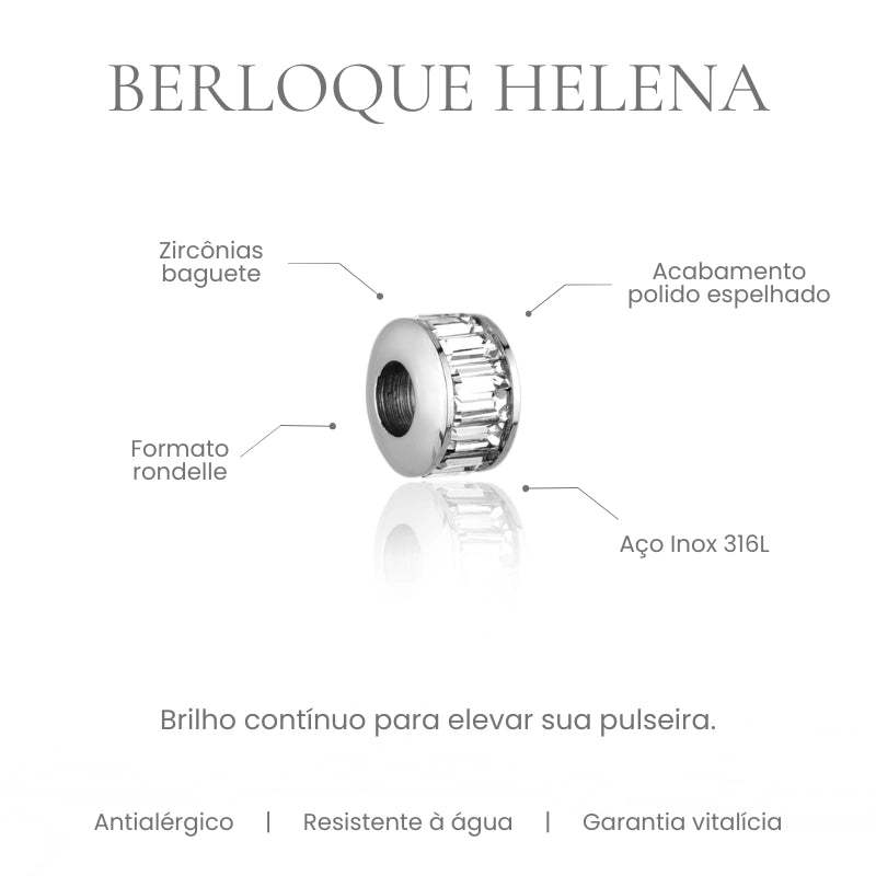 Berloque Helena separador cravejado com zircônias baguete em aço inoxidável 316L - especificações