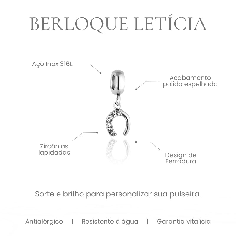 Berloque Letícia ferradura cravejada com zircônias em aço inoxidável 316L - especificações