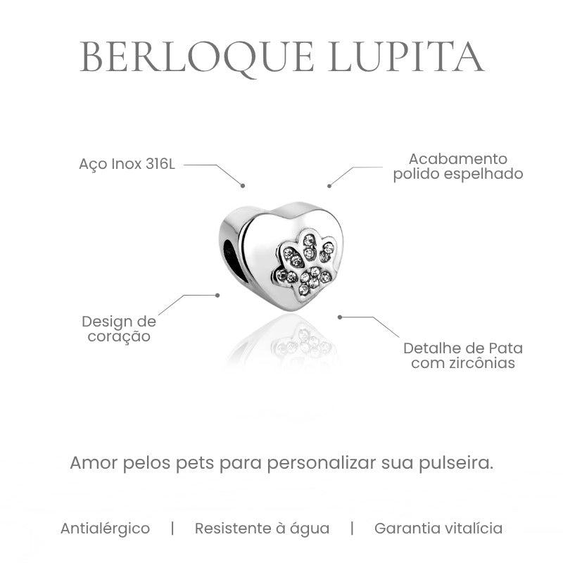 Berloque Lupita coração com pata de cachorro cravejada em aço inoxidável 316L - especificações