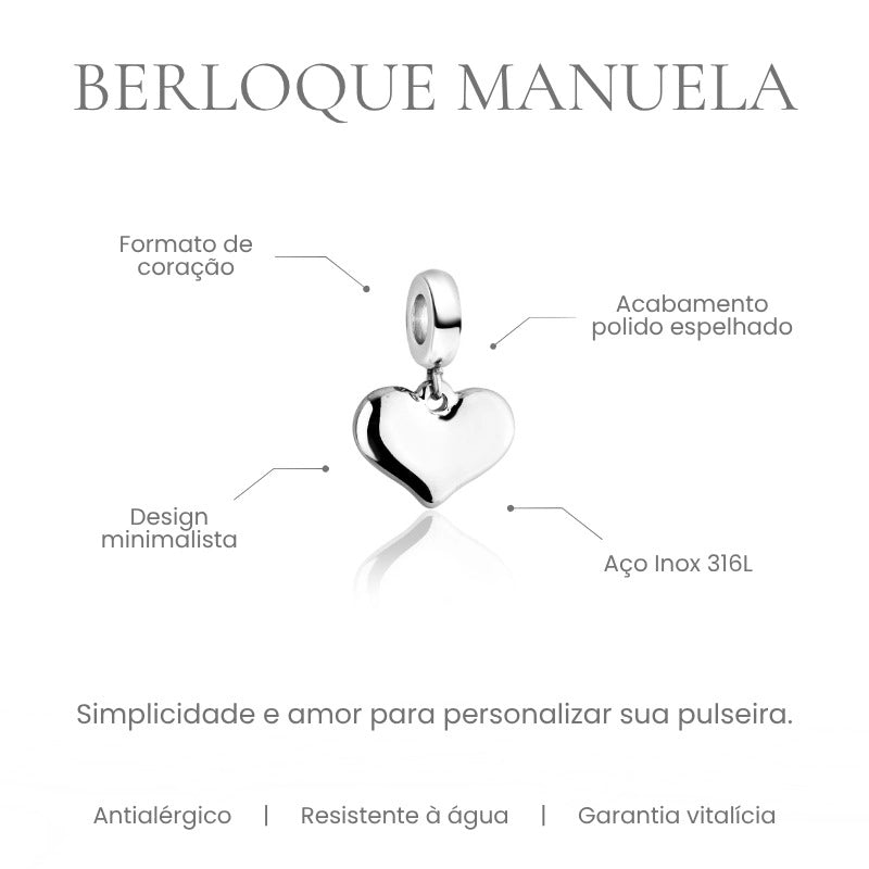 Berloque Manuela coração liso minimalista em aço inoxidável 316L - especificações