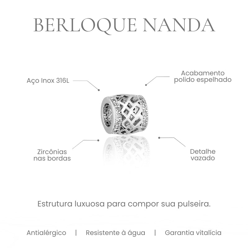 Berloque Nanda separador vazado em treliça com zircônias em aço inoxidável 316L - especificações