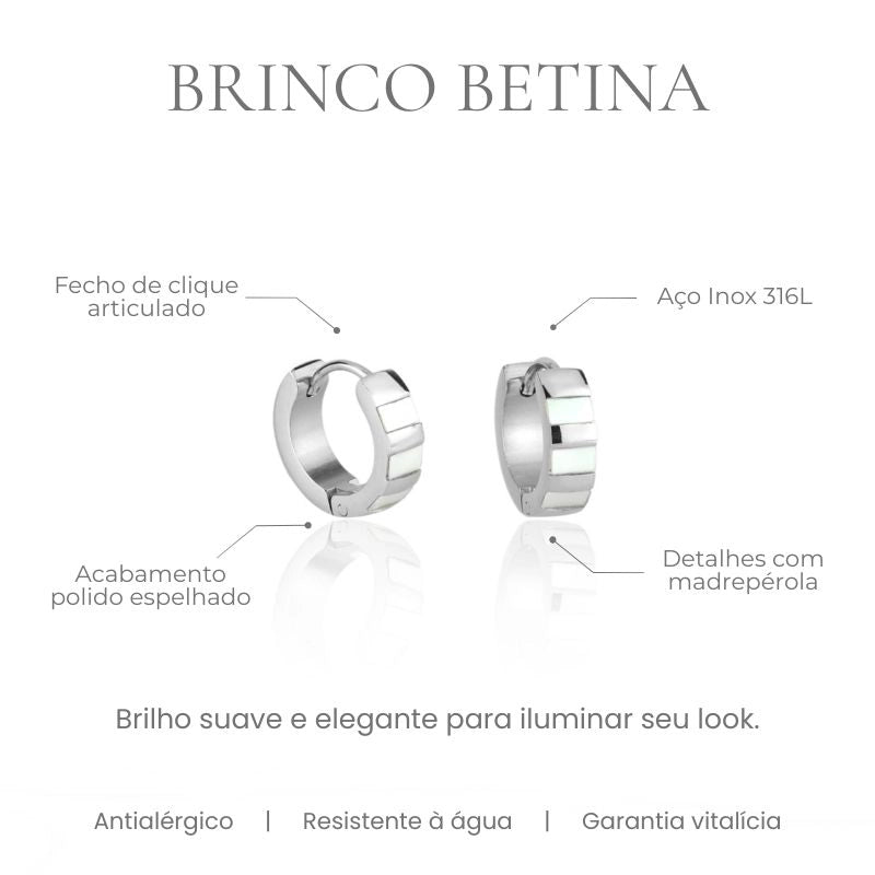 Brinco Betina argola pequena madrepérola em aço inoxidável 316L, acabamento polido espelhado - especificações