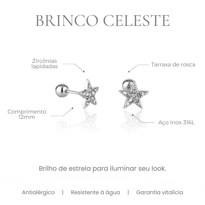 Brinco Celeste estrela cravejada com zircônias lapidadas em aço inoxidável 316L, tarraxa de rosca - especificações