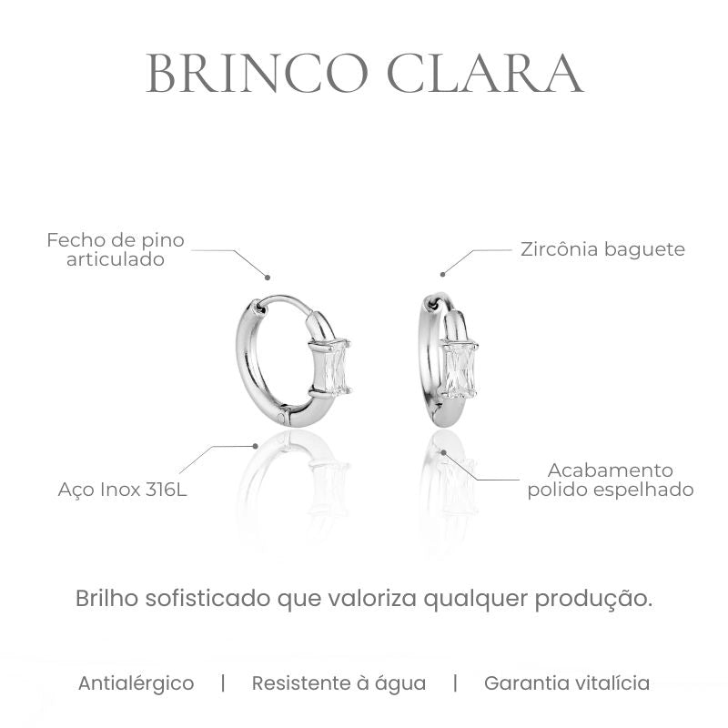 Brinco Clara argola com zircônia baguete em aço inoxidável 316L, acabamento polido espelhado - especificações
