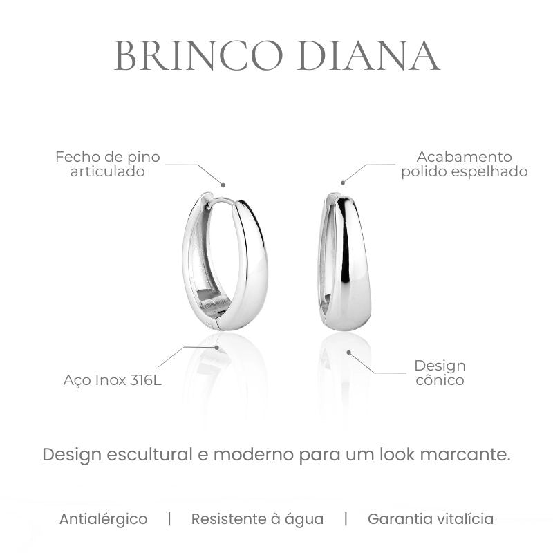 Brinco Diana argola grossa design cônico em aço inoxidável 316L, acabamento polido espelhado - especificações