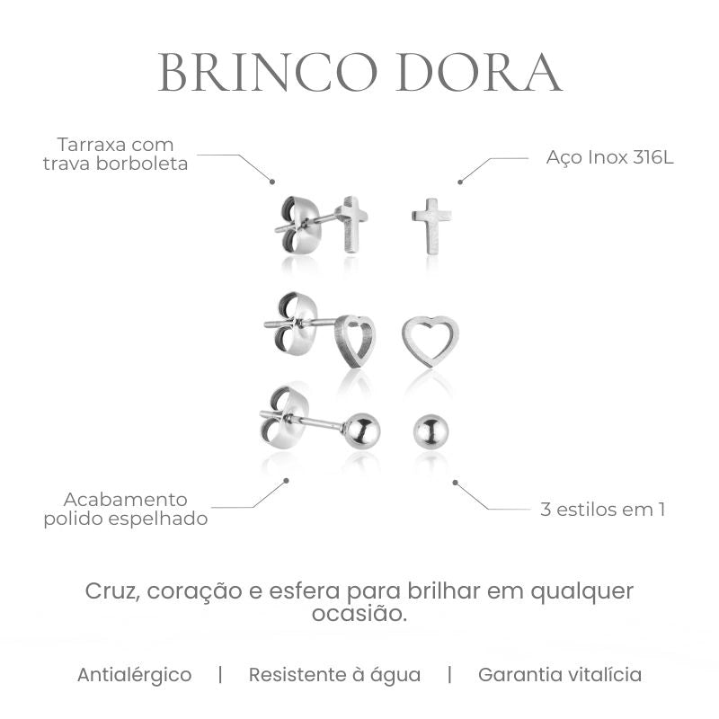 Brinco Dora trio cruz, coração e esfera em aço inoxidável 316L, acabamento polido espelhado - especificações