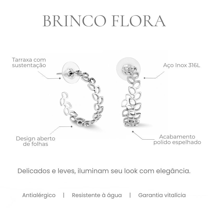 Brinco Flora vazado argola de folhas em aço inoxidável 316L, acabamento polido espelhado - especificações