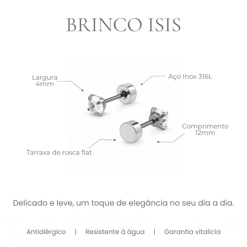 Brinco Isis ponto de luz 4mm, zircônia cravejada em garra, tarraxa de rosca flat em aço inoxidável 316L - especificações