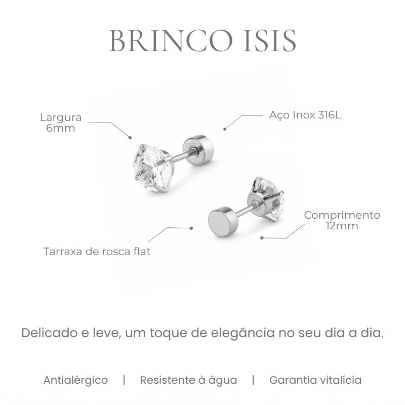 Brinco Isis ponto de luz 6mm, zircônia cravejada em garra, tarraxa de rosca flat em aço inoxidável 316L - especificações
