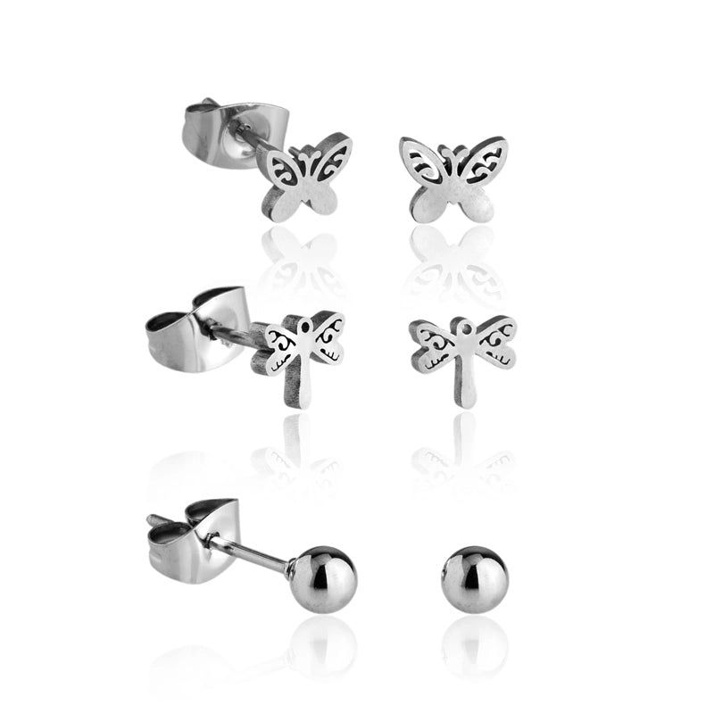 Trio de brincos Kiara com borboleta, libélula e esfera em aço inoxidável 316L prateado - Only Steel