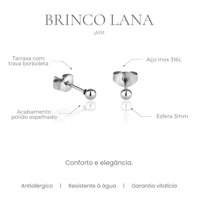 Brinco Lana esfera 3mm em aço inoxidável 316L, acabamento polido espelhado - especificações