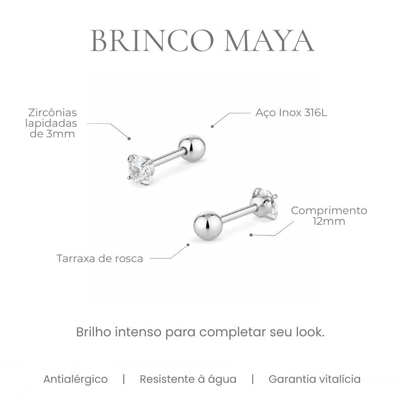 Brinco Maya piercing cravejado 3mm, zircônia lapidada, tarraxa de rosca com bola em aço inoxidável 316L - especificações