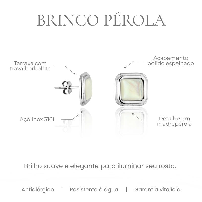 Brinco Pérola quadrado com madrepérola natural em aço inoxidável 316L, acabamento polido espelhado - especificações