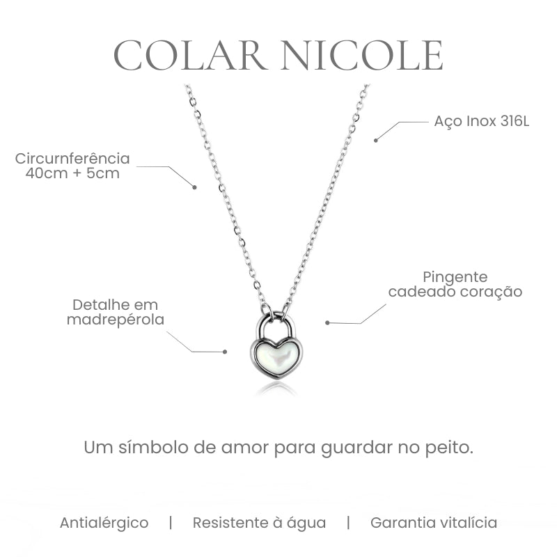 Colar Nicole cadeado coração madrepérola em aço inoxidável 316L - especificações