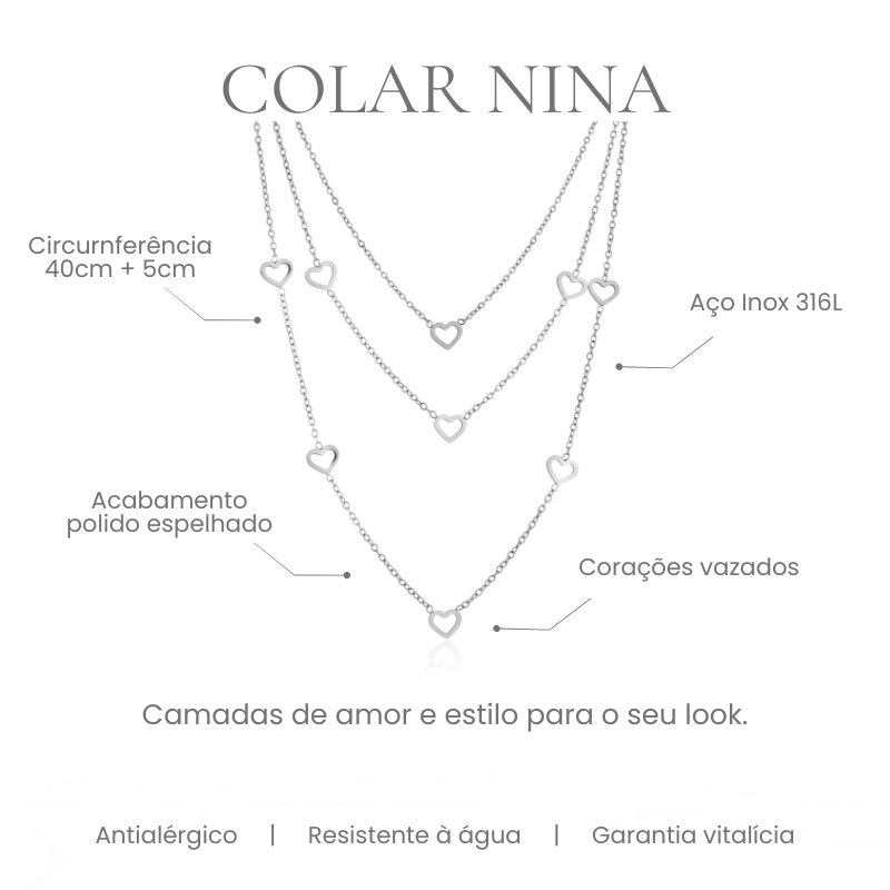 Colar Nina multicamadas coração em aço inoxidável 316L - especificações