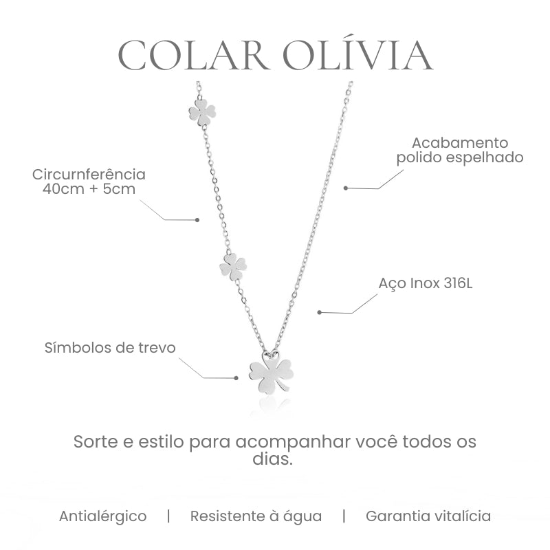 Colar Olívia trevo de 4 folhas em aço inoxidável 316L - especificações