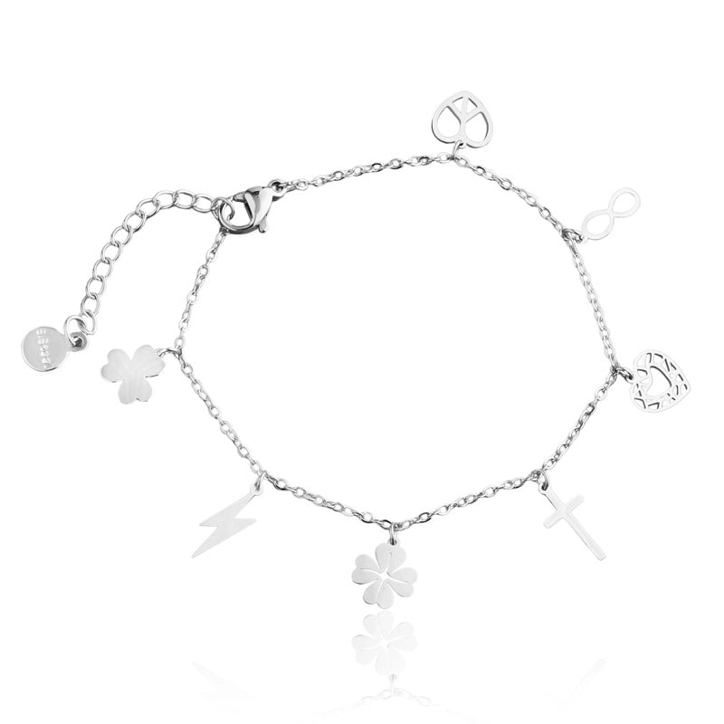 Pulseira feminina charm Amora com símbolos variados em aço inoxidável 316L prateado - Only Steel