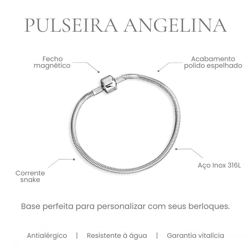 Pulseira Angelina corrente snake para berloques em aço inoxidável 316L, fecho magnético, acabamento polido espelhado - especificações