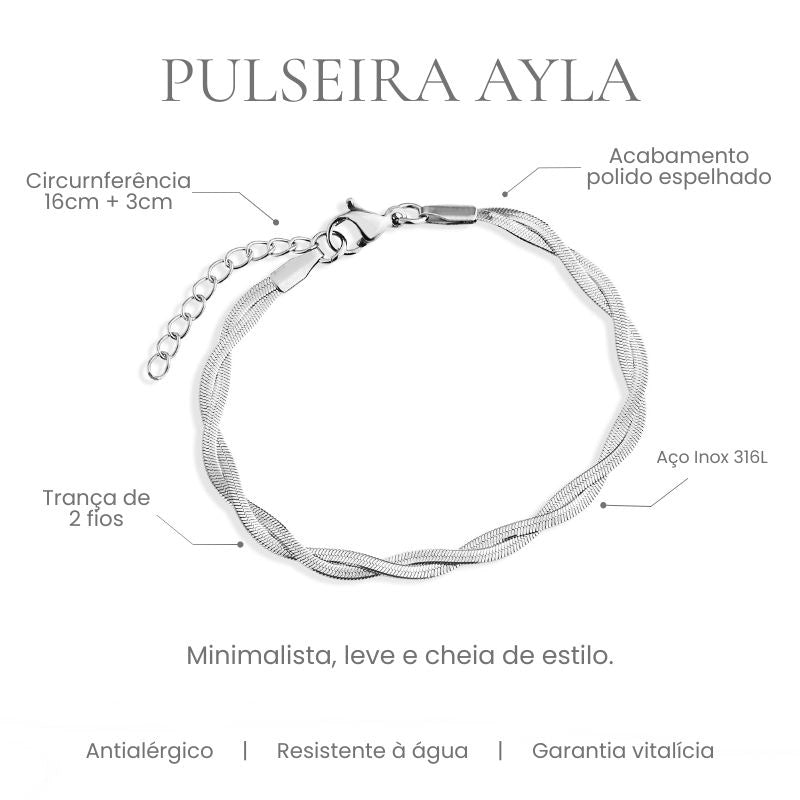 Pulseira Ayla trança de 2 fios em elo lacraia, aço inoxidável 316L, acabamento polido espelhado, circunferência 16cm + 3cm - especificações