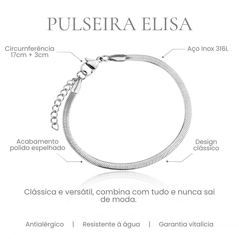 Pulseira Elisa elo lacraia em aço inoxidável 316L, acabamento polido espelhado e circunferência 17cm + 3cm - especificações