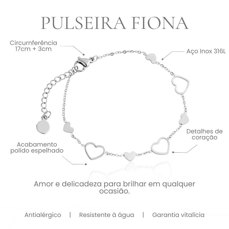 Pulseira Fiona com detalhes de coração em aço inoxidável 316L, acabamento polido espelhado, circunferência 17cm + 3cm - especificações