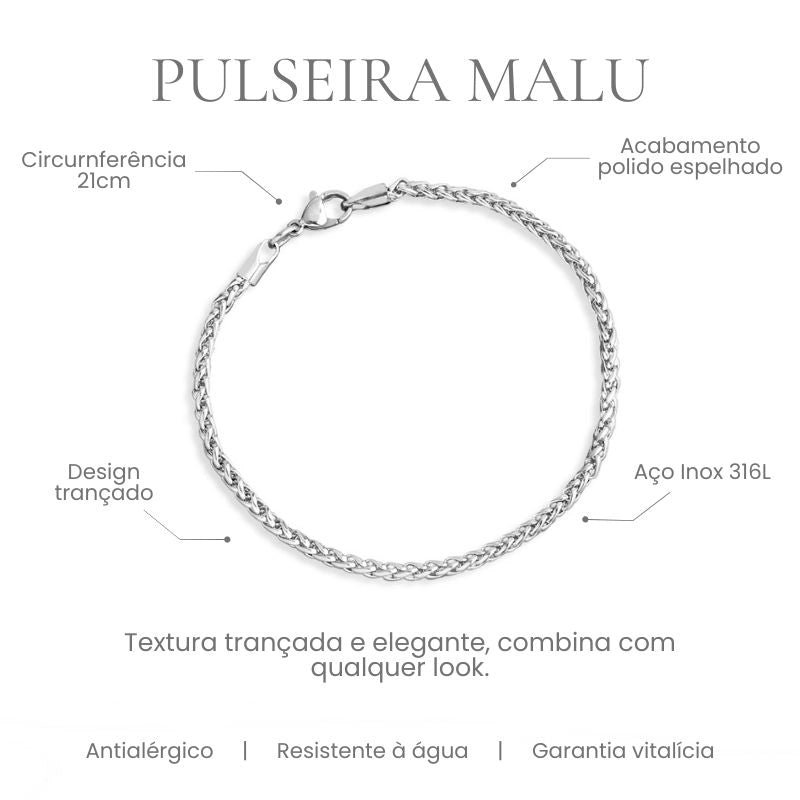Pulseira Malu elo peruano trançado em aço inoxidável 316L, acabamento polido espelhado, circunferência 21cm - especificações
