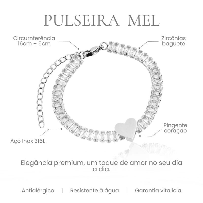 Pulseira Mel em aço inoxidável 316L com zircônias baguete, pingente de coração e circunferência 16cm + 5cm - especificações