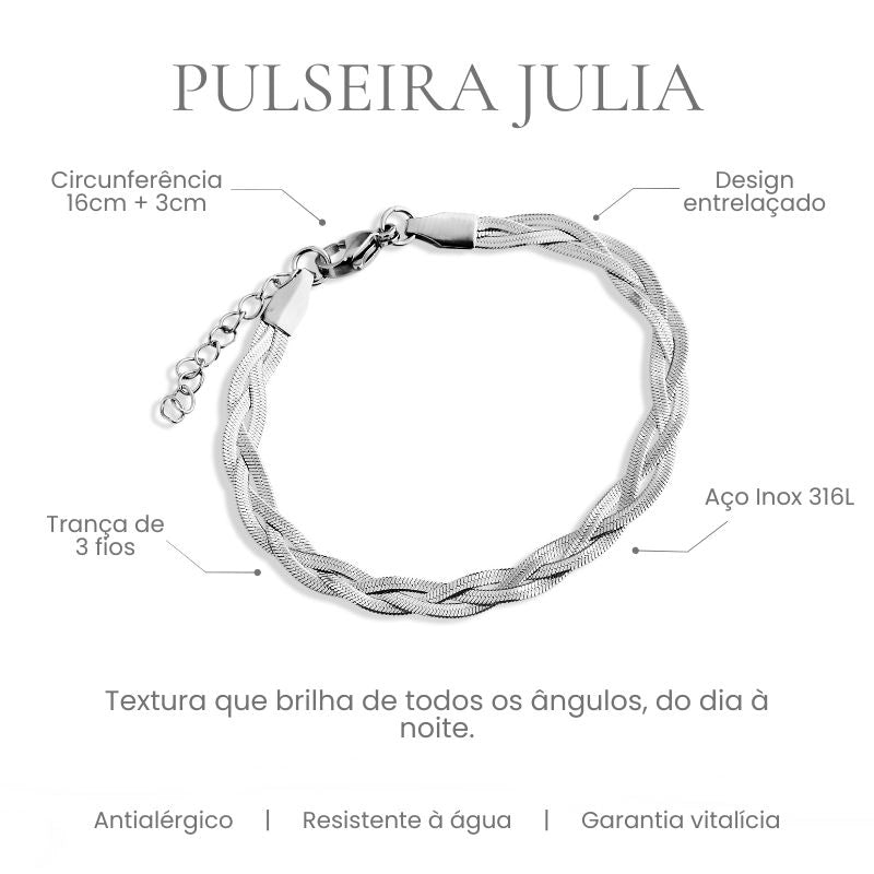 Pulseira trançada 3 fios aço inoxidável feminina Julia - especificações e detalhes