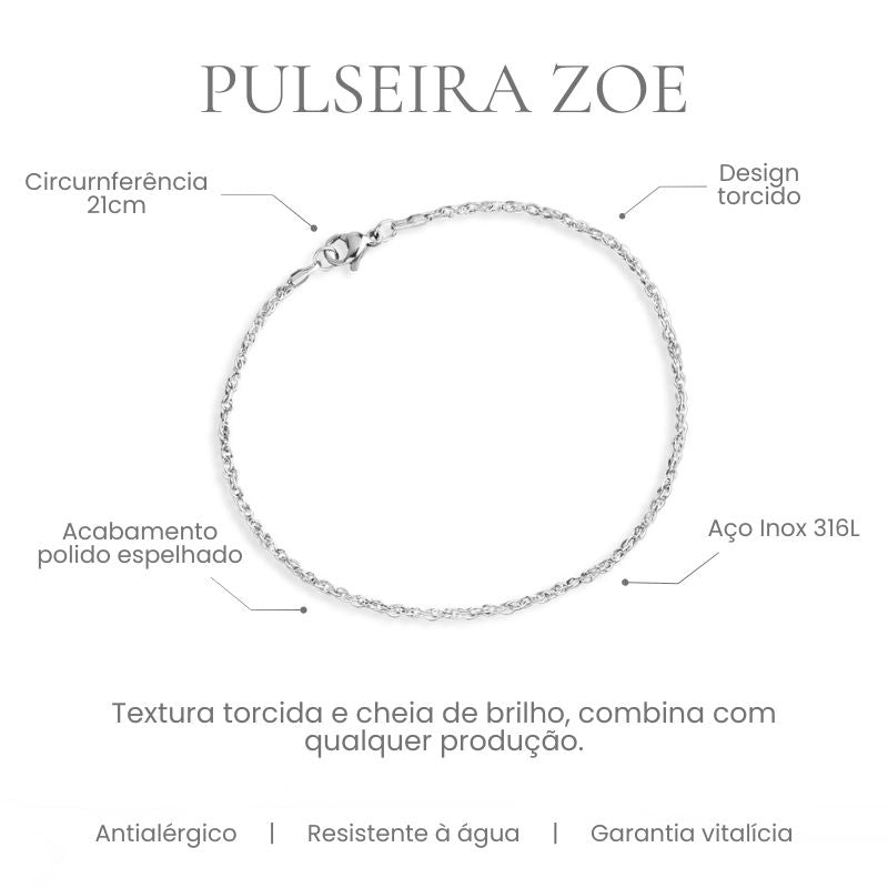 Pulseira Zoe elo singapura torcido em aço inoxidável 316L, acabamento polido espelhado, circunferência 21cm - especificações