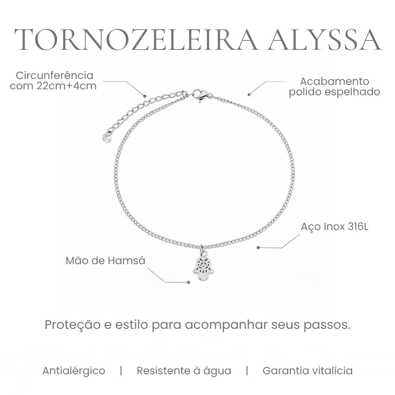 Tornozeleira Alyssa com berloque Mão de Hamsá em aço inoxidável 316L - especificações