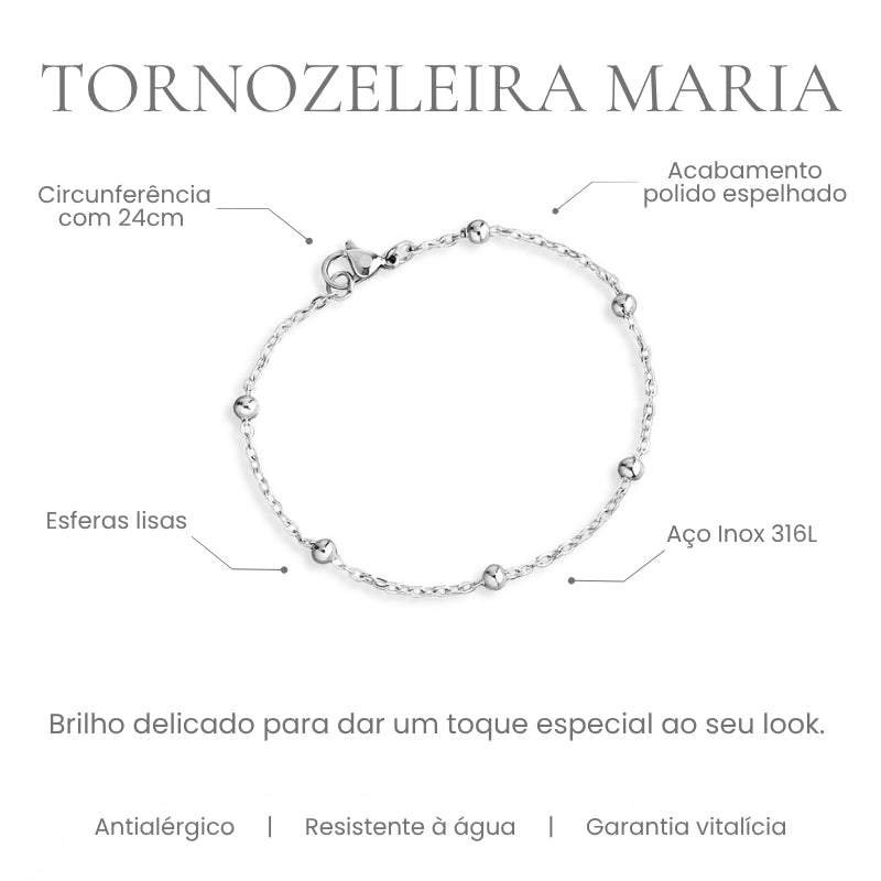 Infográfico da tornozeleira Maria em aço inoxidável com esferas lisas, mostrando circunferência de 24cm, acabamento polido espelhado e material aço inox 316L