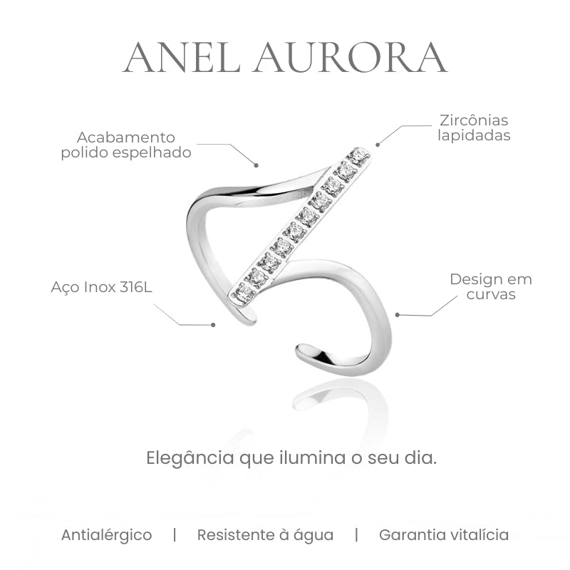 Detalhes do Anel Aurora - aço inox 316L design em curvas com zircônias