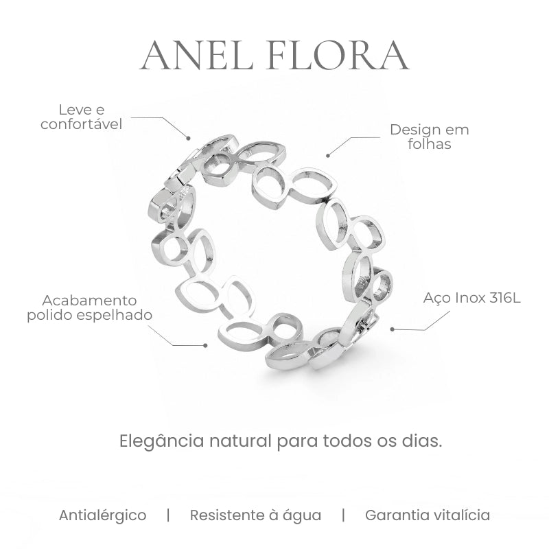 Detalhes do Anel Flora - aço inox 316L design vazado em folhas