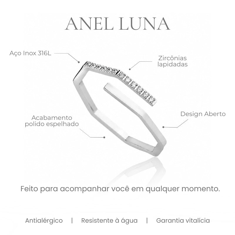 Detalhes do Anel Luna - aço inox 316L geométrico zircônias design aberto