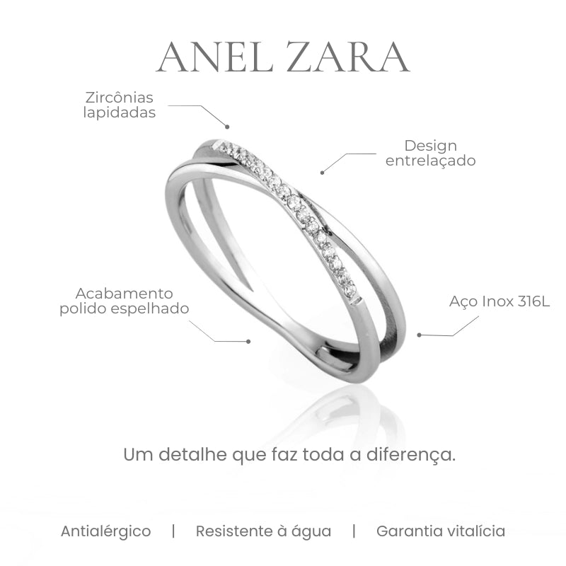 Detalhes do Anel Zara - aço inox 316L design entrelaçado com zircônias