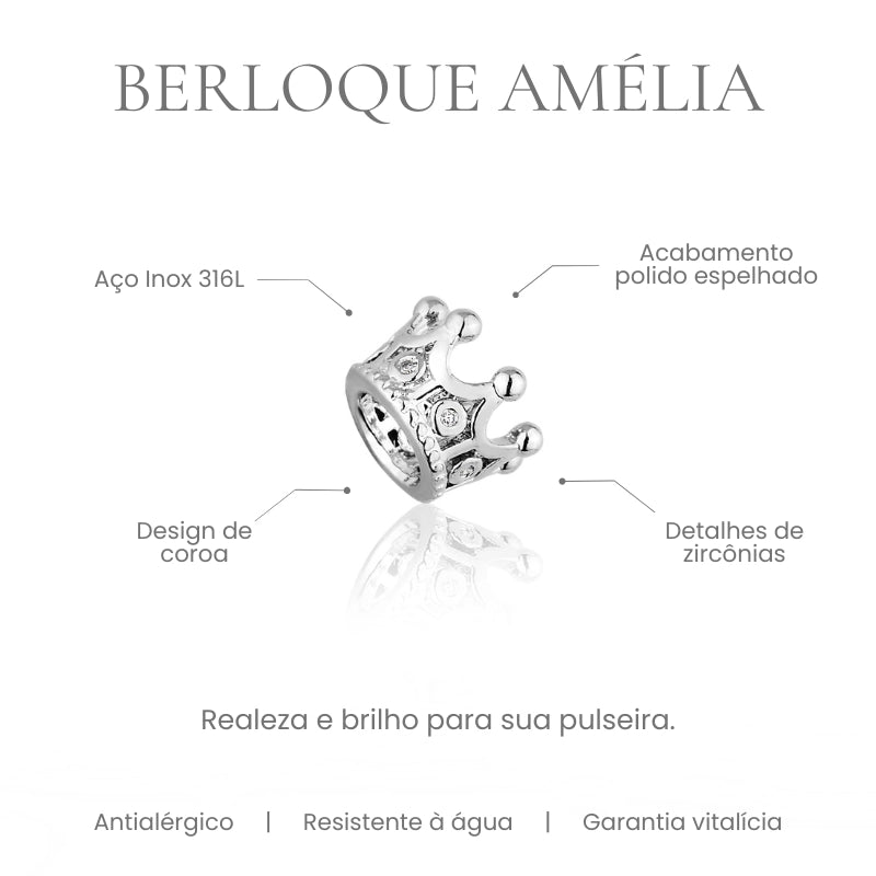 Berloque Amélia coroa vazada com zircônias em aço inoxidável 316L - especificações