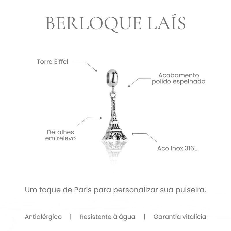 Berloque Laís Torre Eiffel acabamento polido espelhado em aço inoxidável 316L - especificações