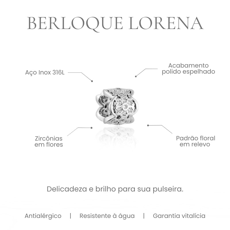 Berloque Lorena separador com padrão floral e zircônias em aço inoxidável 316L - especificações