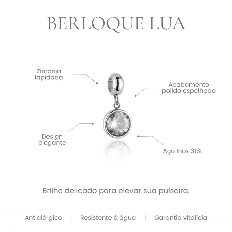 Berloque Lua ponto de luz com zircônia lapidada em aço inoxidável 316L - especificações
