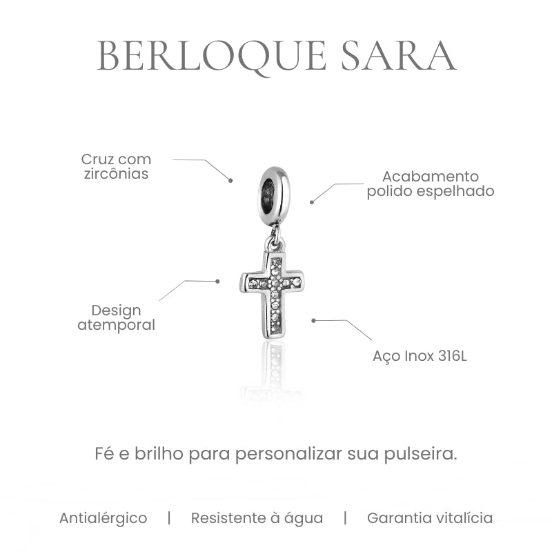 Berloque Sara cruz cravejada com zircônias acabamento polido espelhado em aço inoxidável 316L - especificações