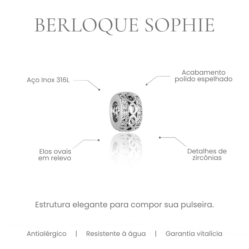 Berloque Sophie separador com elos ovais e zircônias em aço inoxidável 316L - especificações