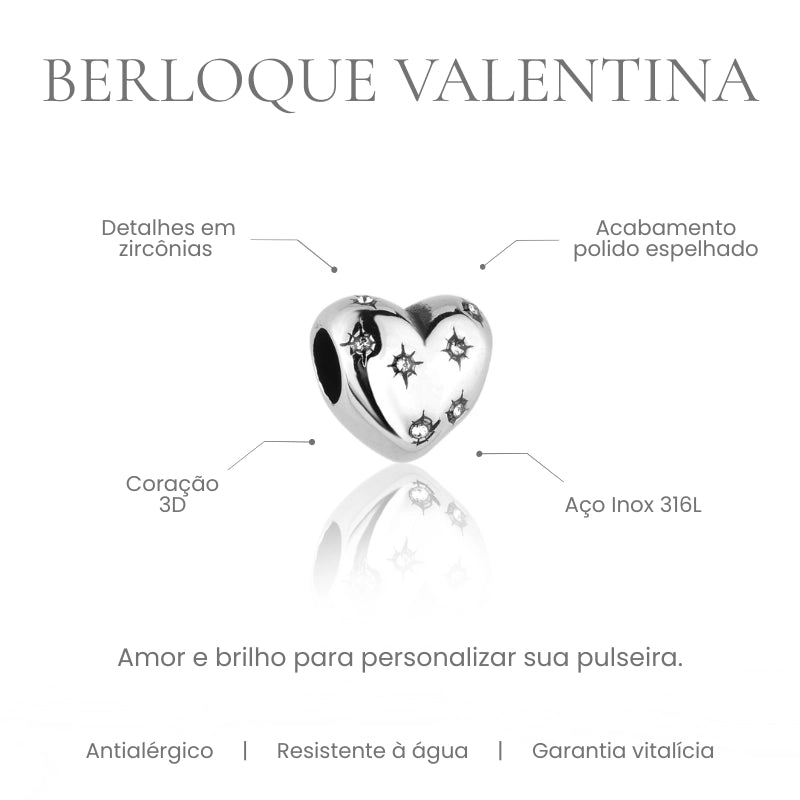 Berloque Valentina coração 3D com zircônias em aço inoxidável 316L - especificações