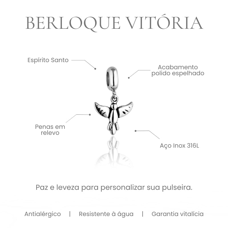 Berloque Vitória pomba do Espírito Santo acabamento polido espelhado em aço inoxidável 316L - especificações
