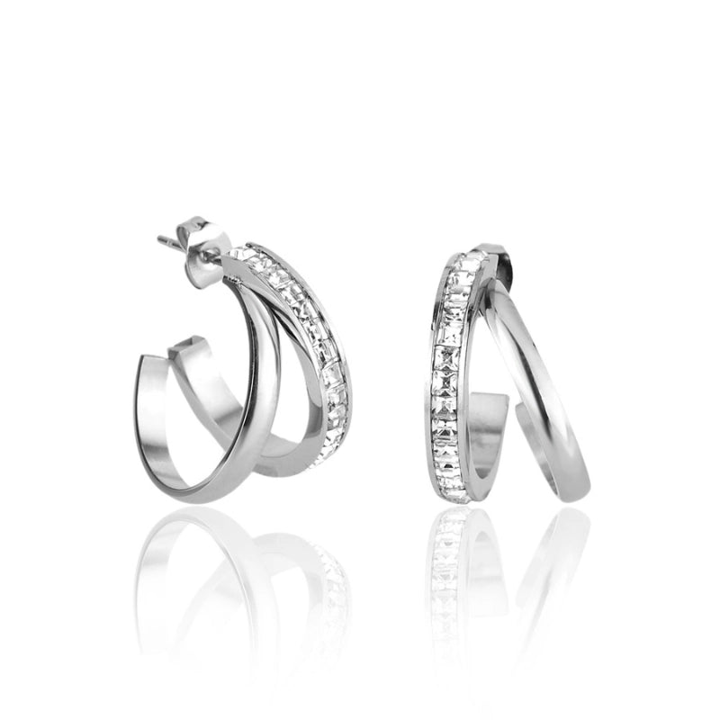 Brinco feminino argola dupla Agata cravejado com zircônias em aço inoxidável 316L - Only Steel