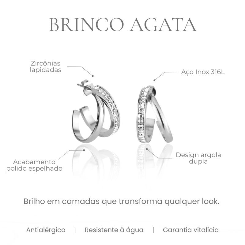 Brinco Agata argola dupla cravejado com zircônias lapidadas em aço inoxidável 316L, acabamento polido espelhado - especificações