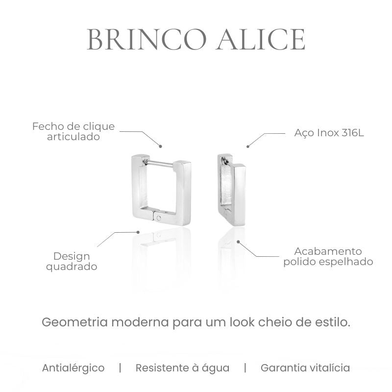 Brinco Alice design quadrado geométrico em aço inoxidável 316L, acabamento polido espelhado - especificações